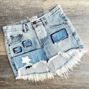 ONE TEASPOON blue denim low rise button fly distressed Junkyard mini skirt 25